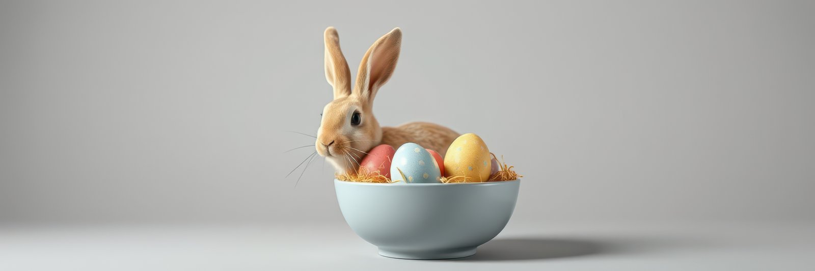 Cute brown bunny resting in a bowl filled with colorful easter eggs against a light backdrop